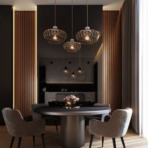 Gray Dining Table Under Pendant Lamps